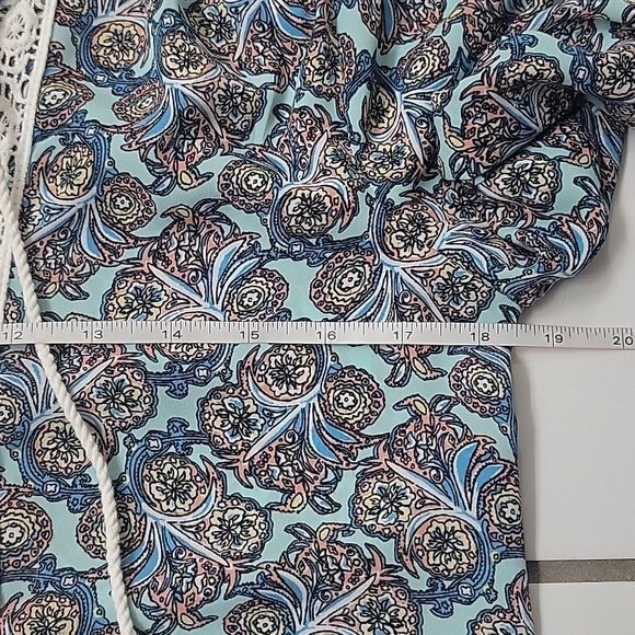 DR2 Women's blue pink patterned boho blouse Size S roll sleeve tassels - Picture 8 of 9